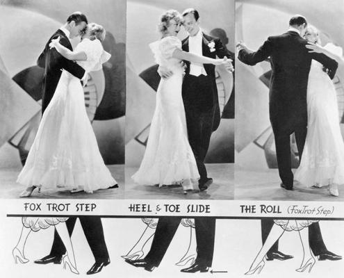 Džindžera Rodžersa un Freds Astērs demonstrē fokstrota deju soļus. 1933. gads.