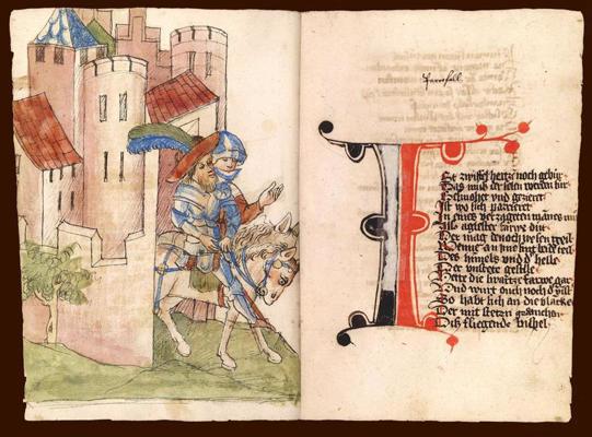 Atvērums no Volframa fon Ešenbaha "Parcifāla", 1433. gads. Universitätsbibliothek Heidelberg, Cod. Pal. germ. 339.