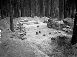 Arheoloģisko izrakumu laikā atsegtais izpētes laukums Īles meža senkapu I uzkalniņā. Īles pagasts, 07.1940.