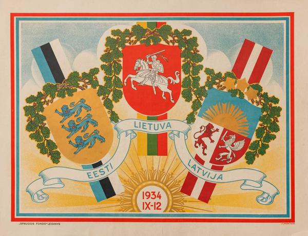 Plakāts ar Igaunijas, Lietuvas un Latvijas valstu simboliku par godu Baltijas valstu savienībai, 1934. gads.