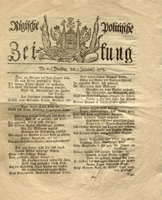 Laikraksta Rigische Politische Zeitung, Nr. 1 (02.01.1778.) pirmā lapa.