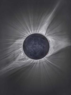 2. attēls. Saules vainags, redzams uz aptumsuma laikā Mēness aizsegtā Saules diska fona. Ap diska malām redzami rozā Saules vielas izvirdumi – protuberances. 20.08.2017.
