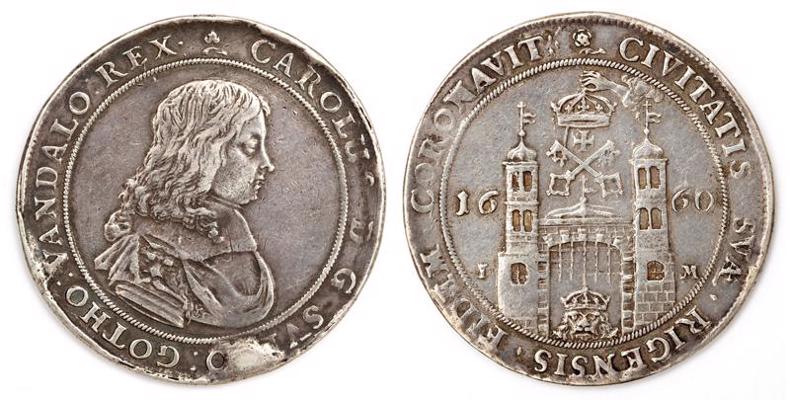 Zviedrijas valdnieka Kārļa XI Rīgā kalts dālderis, 1660. gads.
