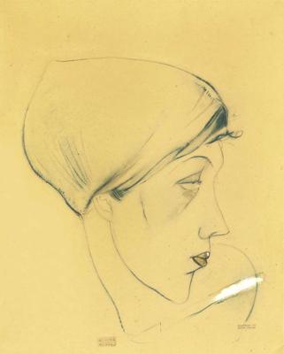 Kārlis Padegs. "Meitene ar zelta lūpām". 1933. gads. Papīrs, grafīts, guaša, zelts. 47 x 36,5 cm.