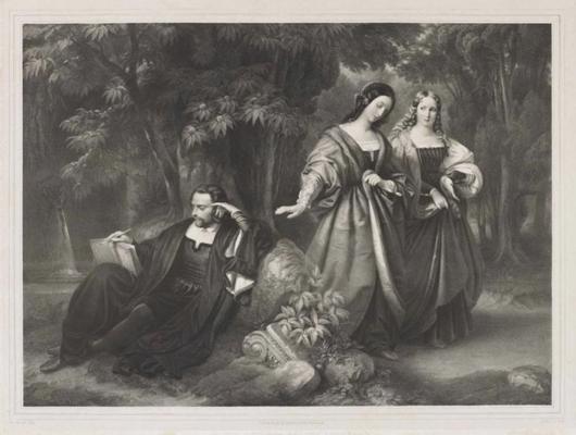 Torkvato Taso un princese Leonora d’Este ar galma dāmu Leonoru Sanvitali. Litogrāfija. Berlīne, 1823.–1830. gads.