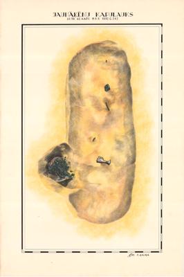 Sievietes rotu komplekts kriju vācelē – ziedojums pie 42. vīrieša apbedījuma. Krāsains zīmējums. J. Graudoņa izrakumi Jaunāķēnu kapulaukā, 1972. gads.