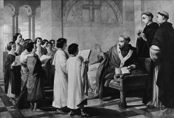 Pāvests Gregors Lielais (Gregorius Magnus) māca romiešu bērniem dziedāšanu. Gleznotājs Džons Rodžess Herberts (John Rogers Herbert).1845. gads.