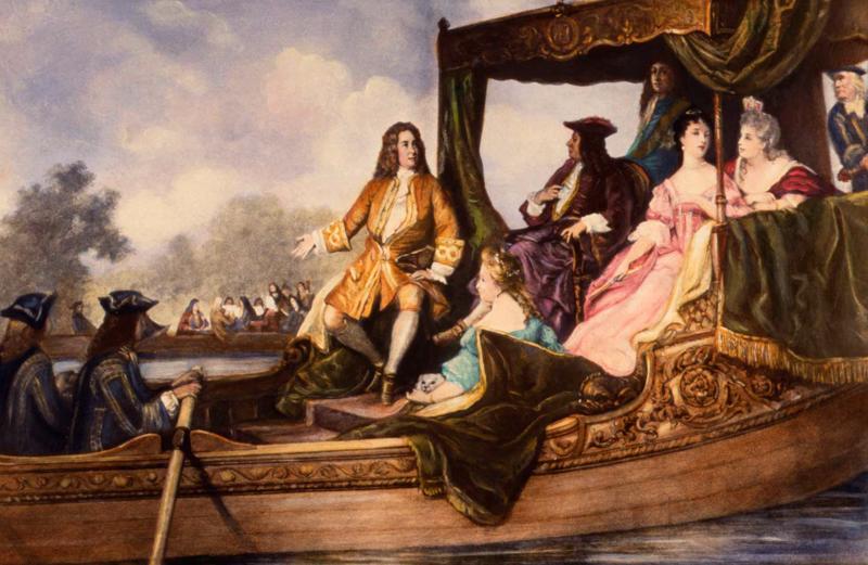 Gravīra pēc Eduāra Amāna (Edouard Hamman) gleznas, kurā redzams Georgs Frīdrihs Hendelis un Lielbritānijas Georgs I klausoties "Mūziku uz ūdens". 19. gs.