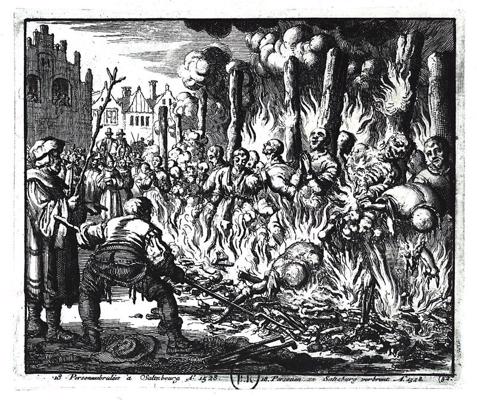Anabaptistu dedzināšana uz sārta Zalcburgā 1528. gadā. Gravīra, 17. gs.