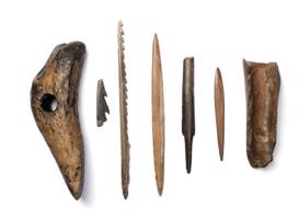 Raga cirvis, kaula harpūnas fragments, šķēpa gals, bultu gali, rīks. Dvietes apmetne, vidējais mezolīts (8300.–6000. g. p. m. ē.).