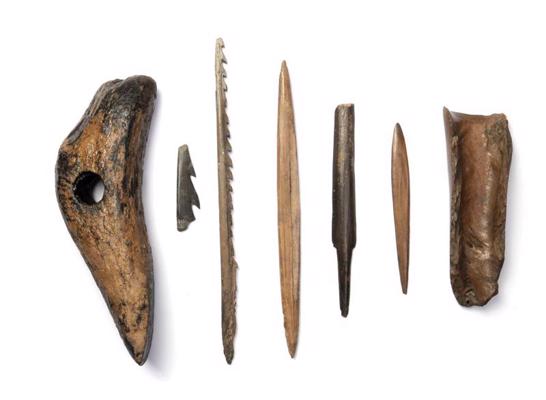 Raga cirvis, kaula harpūnas fragments, šķēpa gals, bultu gali, rīks. Dvietes apmetne, vidējais mezolīts (8300.–6000. g. p. m. ē.).