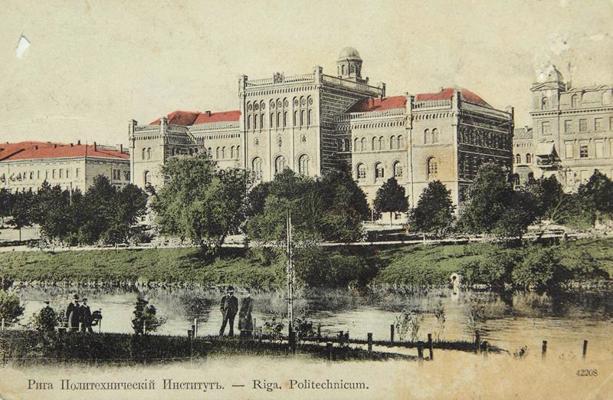 1907. gada pastkarte ar Rīgas Politehniskā institūta ēku (tagad Latvijas Universitātes galvenā ēka).