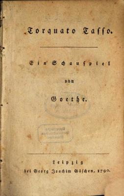 Johana Volfganga fon Gētes lugas “Torkvato Taso” (Torquato Tasso, 1790) titullapa.