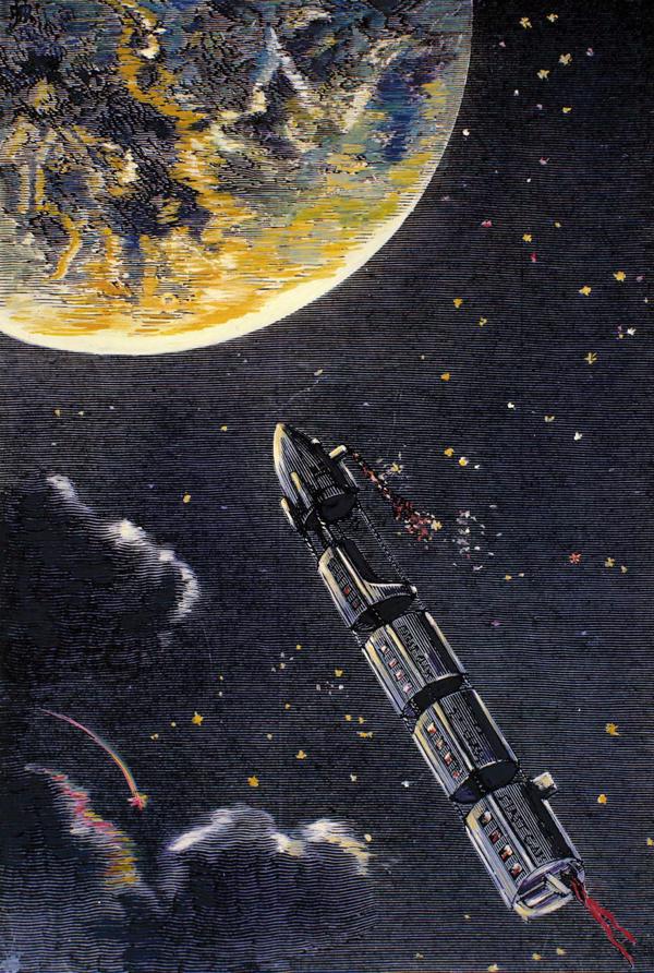 Ilustrācija no Žila Verna grāmatas "Ceļojums uz Mēnesi" 19. nodaļas, kas veidota kokgriezumā.