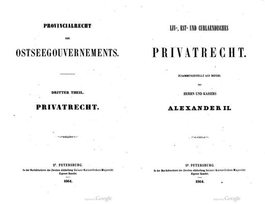 Titullapas Civillikuma priekšteča izdevumam vācu valodā. 1864. gads.