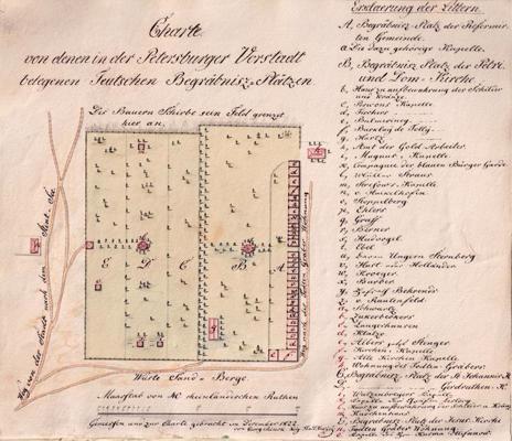 Pilsētas mērnieka Georga Rinka 1822. gada decembrī veidotais Pēterburgas priekšpilsētas vācu kapsētas plāns pirms kapsētas paplašināšanas.
