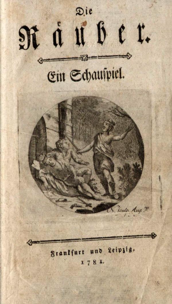 Frīdriha Šillera lugas "Laupītāji" titullapa. Franfurte un Leipciga, 1781. gads.