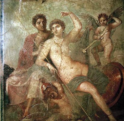 Romiešu gleznojums ar Kupidonu, Veneru un Marsu. Pompeja, Senā Roma.