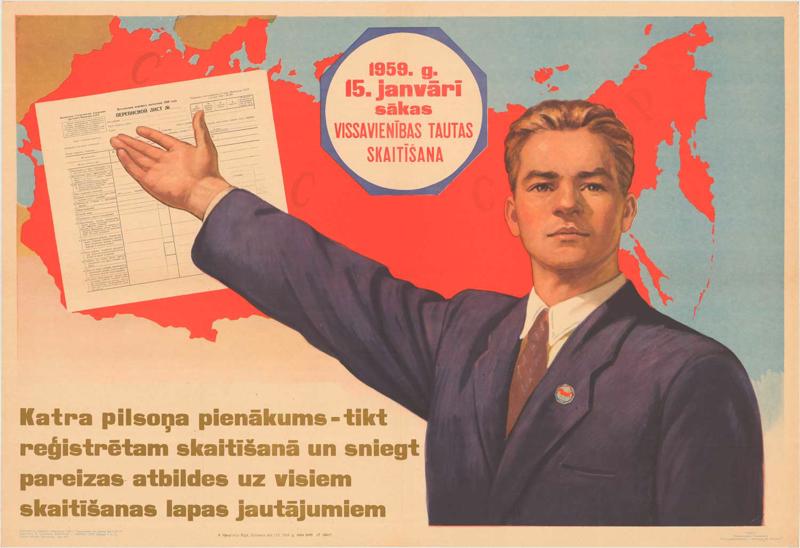 Plakāts ar aicinājumu uz Vissavienības tautas skaitīšanu 1959. gada 15. janvārī.