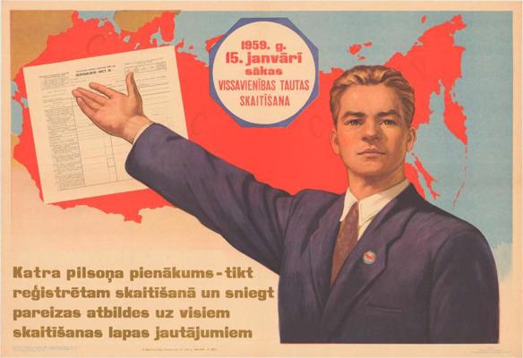 Plakāts ar aicinājumu uz Vissavienības tautas skaitīšanu 1959. gada 15. janvārī.