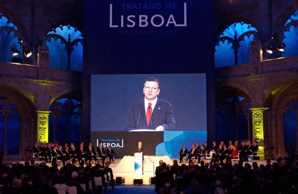 Eiropas Komisijas prezidenta Žozē Manuela Barrozu (José Manuel Barroso) uzruna pēc Lisabonas līguma parakstīšanas. Lisabona, 13.12.2007.
