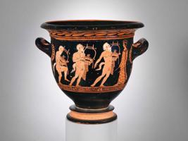Terakotas trauks vīna un ūdens sajaukšanai, uz kura attēloti muzikanti Panatēnejos. Senā Grieķija, ap 420. gadu p. m. ē.