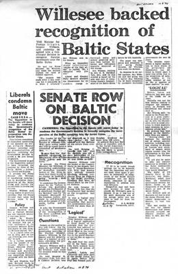 Lēmumi un diskusijas Austrālijas politikā par baltiešu protestiem preses atspoguļojumā, 14.08.1974., The Australian.