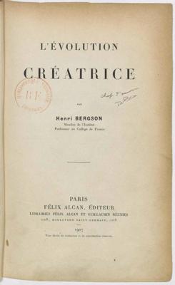 Anrī Bergsona darba “Radošā evolūcija” (L'Évolution créatrice, 1907) titullapa.