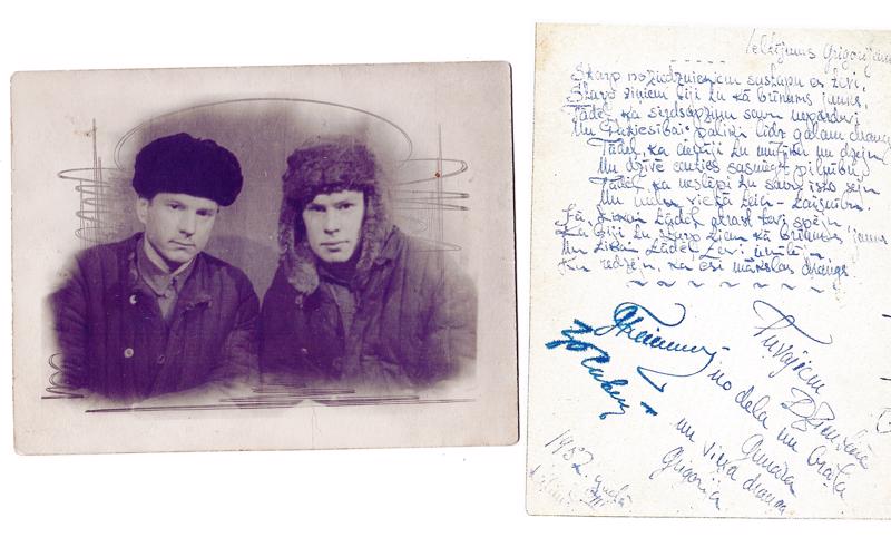 No labās: Gunārs Freimanis ar draugu ukraiņu dzejnieku Grigoriju Savčenko. Vēstule no Jakutijas, 1952. gads.