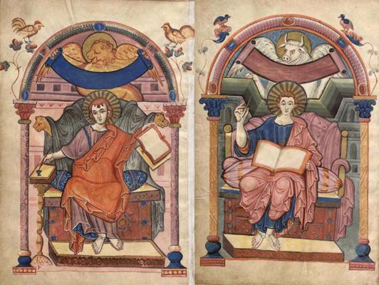 Evaņģēlisti Marks un Lūka, ilustrācijas Adas evanģeliārijā (Ada-Evangeliar), Āhene, ap 806. gadu. Viens no spilgtiem Karolingu laikmeta izsmalcinātās estētikas paraugiem, kurā klātesoša ir antīkā laikmeta ietekme.