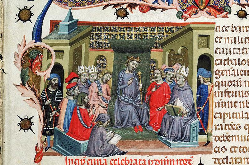 Aragonas kārtu pārstāvniecības sanāksmes – kortesu – sēde 1333. gadā karaļa Alfonsa IV Laipnā (Alfons el Benigne, 1299–1336) vadībā. Ilustrācija juridisku tekstu kodeksā. Ļeidas pilsētas (Katalonijā) arhīvs, 14. gs.