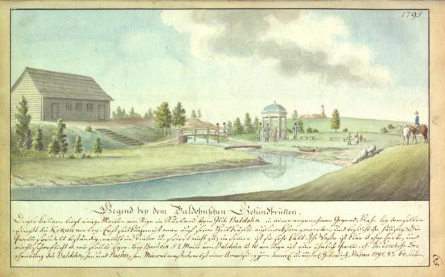 Ainava pie Baldones sēravota paviljona, 1795. gads. Johana Kristofa Broces akvarelis.