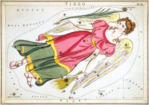 Jaunavas zvaigznāja attēlojums atlantā “Urānijas spogulis jeb Skats uz Debesīm” (Urania’s mirror, or, A view of the Heavens, Londona, 1824).