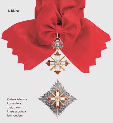 Viestura ordenis (ar šķēpiem). 1. šķira: Ordeņa lielkrusta komandiera zvaigzne un krusts ar ordeņa lenti kungiem.