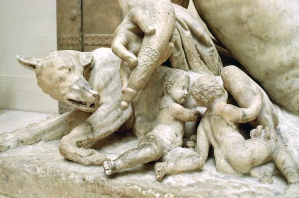 Detaļa no Tibras upes dieva skulptūras ar vilceni un Romulu un Remu. 1. gs.