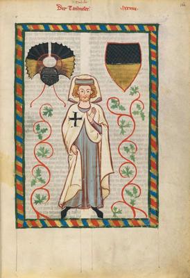 Minezingers (dziesminieks) Tanheizers (Tannhäuser) Vācu ordeņa bruņinieka baltajā apmetnī ar melnu krustu. Miniatūra ilustrētajā Maneses kodeksā (Codex Manesse; 1305–1340).