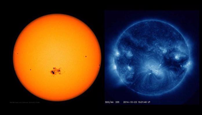7. attēls. Saules aktīvais apgabals redzamajā gaismā (pa kreisi), kur redzams kā Saules plankums fotosfērā, (pa labi) ultravioletajā gaismā, kas atbilst spektrālajai līnijai no Saules atmosfēras slāņiem ar raksturīgo temperatūru 2,5 . 106 K.