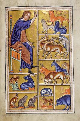 Attēlā, saskaņā ar Bībeli, Ādams piešķir nosaukumus visiem dzīvniekiem. Ilustrācija Aberdīnas Bestiārijā, Anglija, 13. gs. sākums.