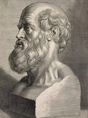 Hipokrata krūšutēls. Gravīras autors Pauls Poncijs (Paul Pontius) pēc Pētera Paula Rubensa (Peter Paul Rubens) darba. 1638. gads.