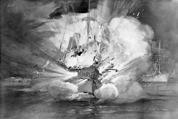Zīmējums, kurā attēlota ASV jūras spēku kuģa USS Maine uzspridzināšana Havanā Kubā. 15.02.1898.