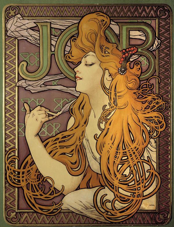 Alfonss Muha. Litogrāfija – reklāmas plakāts cigarešu papīram "JOB". 1897. gads.