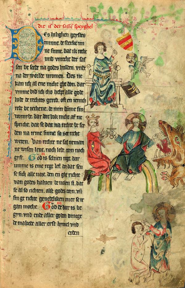 Eikes no Repgovas viduslejasvācu valodā tulkotais sakšu tiesību apkopojums "Sakšu spogulis" (Sachsenspiegel). 1336. gads.
