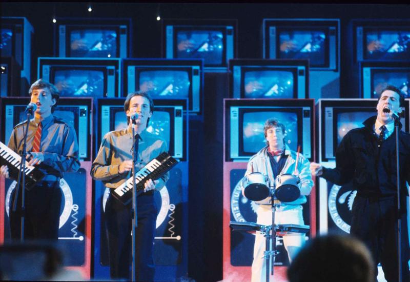 No kreisās: Pols Hamfrīzs, Mārtins Kūpers, Melkolms Holmss un Endijs Maklaskijs no grupas Orchestral Manoeuvres in the Dark. Lielbritānija, 25.03.1983.
