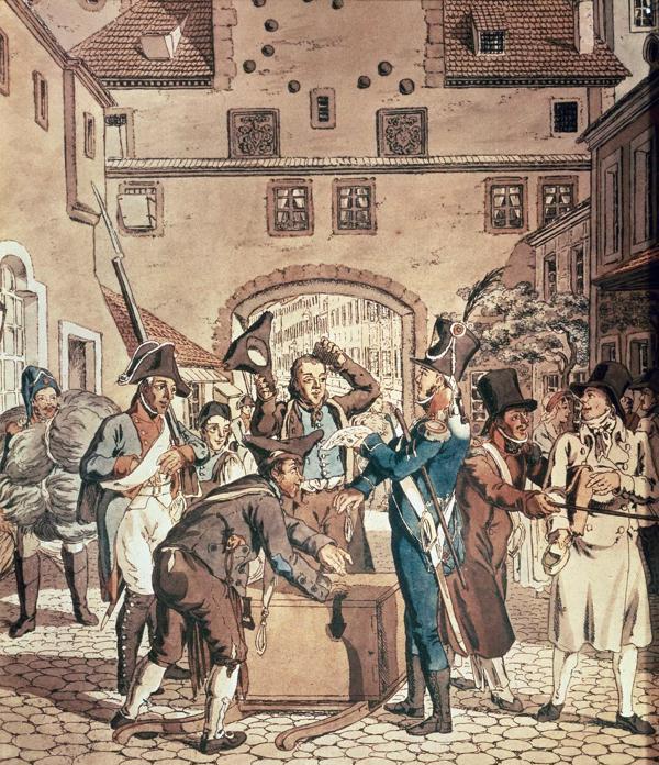 Kristiāns Gotfrīds Heinrihs Geislers (Christian Gottfried Heinrich Geißler). “Kontinentālā blokāde”. Franču karavīri pārmeklē tirgotājus Leipcigā, vai pie viņiem nav angļu preces. Ap 1810. gadu.