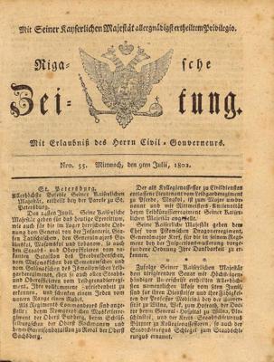 Laikraksta Rigasche Zeitung, Nr. 55 (09.07.1802.) pirmā lapa.