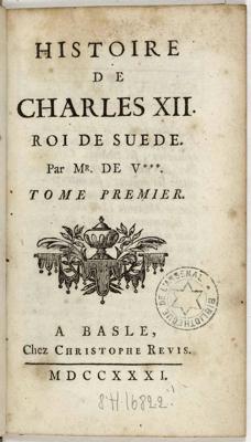 Voltēra darba "Kārļa XII vēsture" titullapa. 1731. gads.