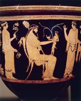 Sarkanfigūru keramikas pods, uz kura attēlots Zevs ar Dionīsu. Grieķu civilizācija, 5. gs. p. m. ē.
